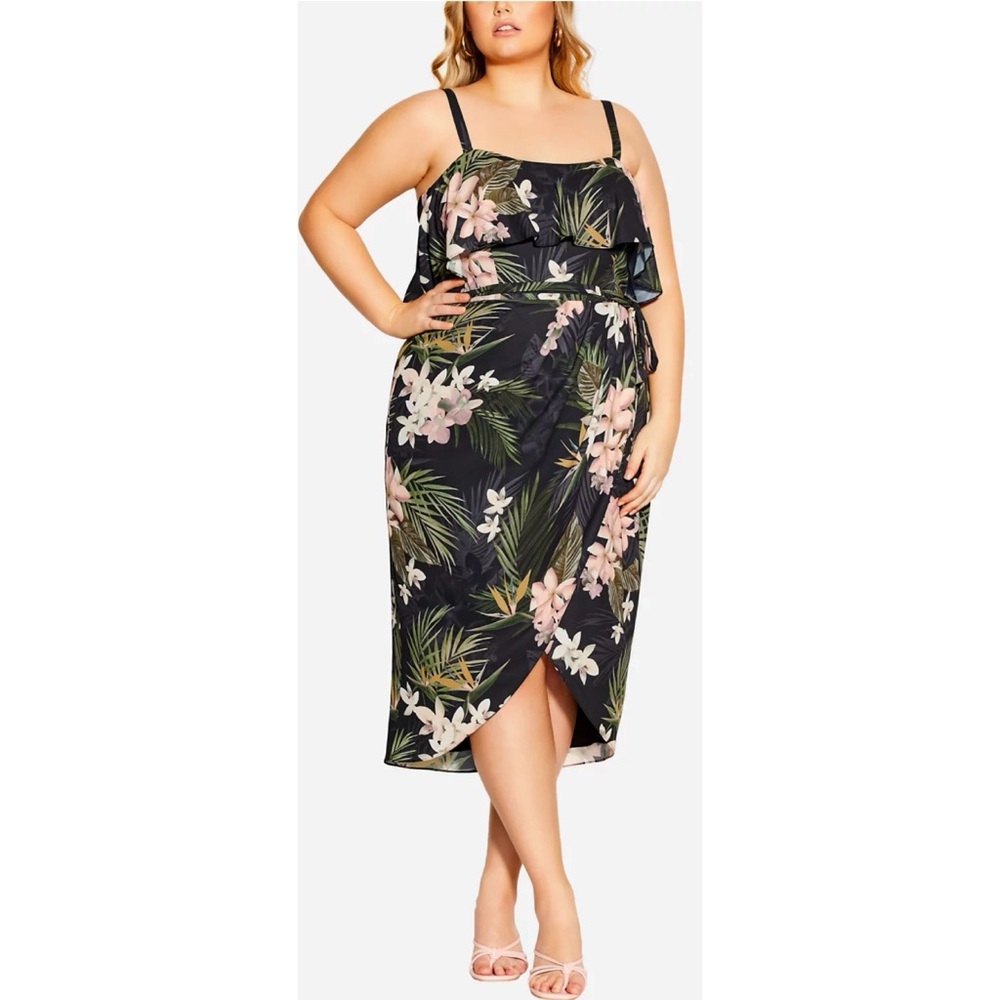 City Chic Bahamas Tropical Flounce Midi Dress Removable Straps Size 18